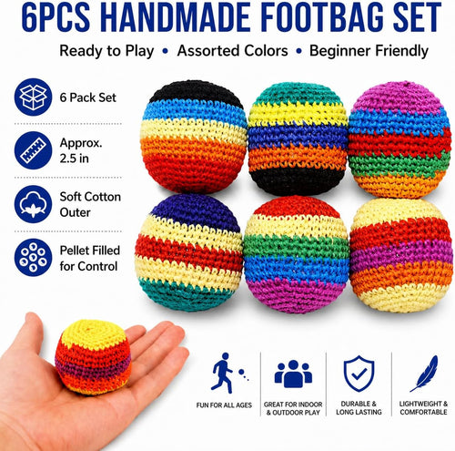 6PCS Hand-Made Knitted Footbag/Hacky Sack, 2026 Upgraded Assorted Foot Bag Crochet Foot Bags for Adults, Juggling Balls for Beginners, Multicolored Geometric Pattern, Ready-To-Use