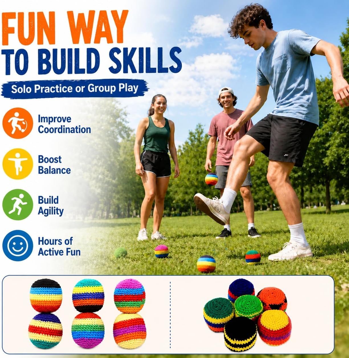 6PCS Hand-Made Knitted Footbag/Hacky Sack, 2026 Upgraded Assorted Foot Bag Crochet Foot Bags for Adults, Juggling Balls for Beginners, Multicolored Geometric Pattern, Ready-To-Use