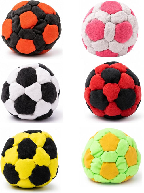 6 Pack Soccer Hacky Footbag Sacks - Soft Plush Footbags for Adults - Durable Fleece Juggling Balls - Vibrant Sports Design for Indoor & Outdoor Play, Party Favors, and Coordination Training