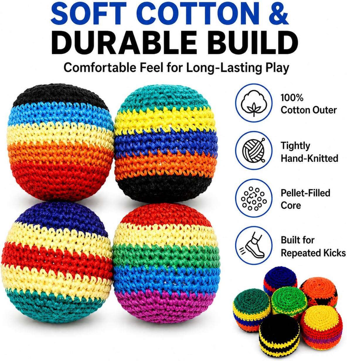 6PCS Hand-Made Knitted Footbag/Hacky Sack, 2026 Upgraded Assorted Foot Bag Crochet Foot Bags for Adults, Juggling Balls for Beginners, Multicolored Geometric Pattern, Ready-To-Use