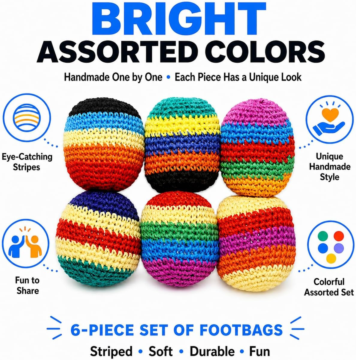 6PCS Hand-Made Knitted Footbag/Hacky Sack, 2026 Upgraded Assorted Foot Bag Crochet Foot Bags for Adults, Juggling Balls for Beginners, Multicolored Geometric Pattern, Ready-To-Use